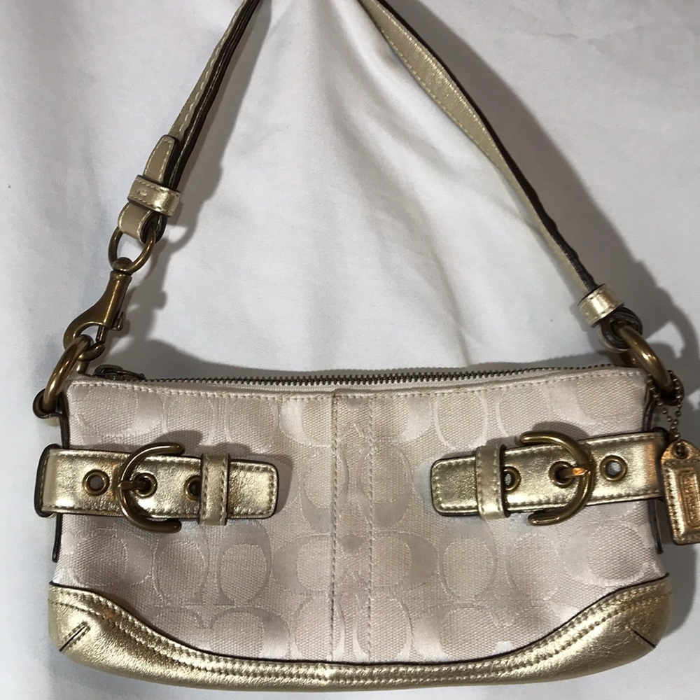 Coach Gold Leather Trim & Cream Wristlet/Bag